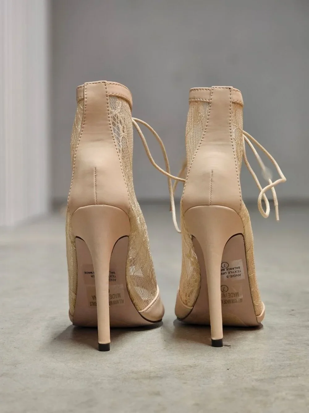 Peep Toe Lace-Up Stiletto Booties With Sheer Lace Panels Nude Beige High Heel An - Picture 9 of 12